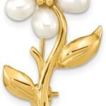 Yellow Gold 4-5mm White & Rice Freshwater Cultured Pearl 29x17mm Flower Brooch
