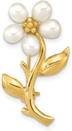Yellow Gold 4-5mm White & Rice Freshwater Cultured Pearl 29x17mm Flower Brooch