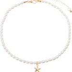 Natural Freshwater Pearl Choker Necklace for Women, Trendy 14K Gold Plated Pearl Necklaces Handmade Jewelry Gift