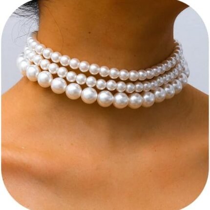 Boho Choker Necklaces for Women - Faux Round Pearl Layered Fashion Chunky Thick Clavicle Necklace Wedding Bride Jewelry Gifts