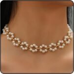 Dainty Pearl Flower Choker Necklace for Women, 14K Gold Plated Small Floral Pearls Beads Necklace Trendy Handmade Vintage Aesthetic Prom Jewelry Gifts