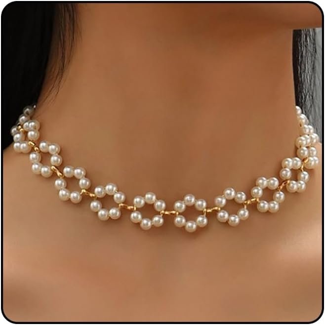 51uosj5NReL._AC_SL1500_.jpg Dainty Pearl Flower Choker Necklace for Women, 14K Gold Plated Small Floral Pearls Beads Necklace Trendy Handmade Vintage Aesthetic Prom Jewelry Gifts - Image 1