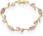 Crystal Flower Leaf Bracelet for Women Gold-Tone/Silver Plated Dainty Colorful Oval  Cubic Zirconia Floral Tennis Bracelets Sweet Fine Bridal Wedding Prom Jewelry for Her 7.48inch