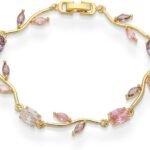 Crystal Flower Leaf Bracelet for Women Gold-Tone/Silver Plated Dainty Colorful Oval  Cubic Zirconia Floral Tennis Bracelets Sweet Fine Bridal Wedding Prom Jewelry for Her 7.48inch