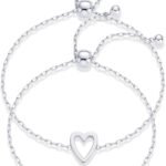 14K Gold Plated Matching Heart Charms Solitaire Bracelet Set for Women | Adjustable Valentines Day Love Friendship Two Bracelet Pack