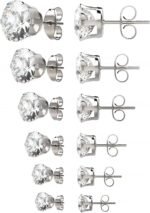 6 Pairs Stainless Steel Stud Earrings Set Hypoallergenic Cubic Zirconia 14K White Gold 316L  Earrings