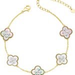 18K Gold Plated Clover Bracelet, Mother of Pearl Four Leaf Flower Bracelet for Women, 6.9" + 2" Adjustable Bracelet, Cross Motif, Gold or Silver Tone