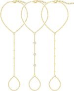 3PCS 14K Gold-Plated Hand Chain Bracelets for Women, Stack Bracelets Set Adjustable, Trendy Dainty Ring Bracelet Hand Chain