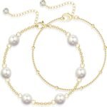 16K Gold Plated Bracelet for Women,Gold and Pearl Bracelet Dainty Simple Pearl Bracelets for Womens Non Tarnish Pearl Bracelet Stack Non Tarnish Layered Bracelets for Women