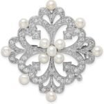 925 Sterling Silver Freshwater Cultured Pearl and Zirconia Simulated Diamond Pin 40x38mm Wide - Brooches and Pin for Women