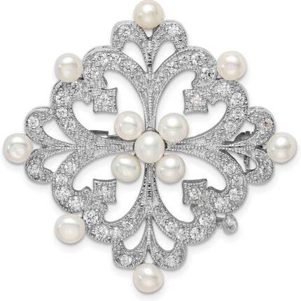 925 Sterling Silver Freshwater Cultured Pearl and Zirconia Simulated Diamond Pin 40x38mm Wide - Brooches and Pin for Women