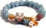 Lucky Cat Bracelet with Blue Crystal, Ceramic Cat Pendant, Feng Shui Good Luck Jewelry for Women, Wealth & Protection Bracelet