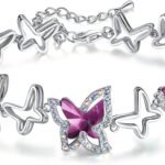 Valentine's Day Gift For Women Butterfly Link Charm Bracelet with Premium Birthstone Crystal, Silver-Tone, 7”+2” Chain
