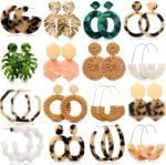 16 Pairs Trendy Acrylic Rattan Earrings for Women-Fashion Statement Earrings Boho Drop Dangle Christmas Earrings for Women Jewelry Set