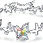 Valentine's Day Gift For Women Butterfly Link Charm Bracelet with Premium Birthstone Crystal, Silver-Tone, 7”+2” Chain