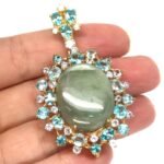 Natural 22 X 27 mm. Green Sapphire & Cambodia-Zircon Brooch 925 Silver Sterling  Gold Plated - Image 2