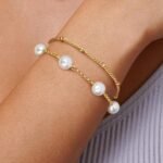 16K Gold Plated Bracelet for Women,Gold and Pearl Bracelet Dainty Simple Pearl Bracelets for Womens Non Tarnish Pearl Bracelet Stack Non Tarnish Layered Bracelets for Women - Image 2