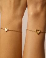 14K Gold Plated Matching Heart Charms Solitaire Bracelet Set for Women | Adjustable Valentines Day Love Friendship Two Bracelet Pack - Image 2